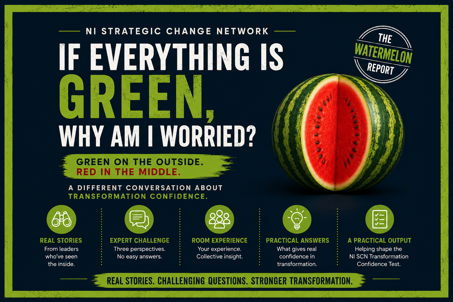 Graphic for NI Strategic Change Network: "If everything is Green, why am I worried?"
